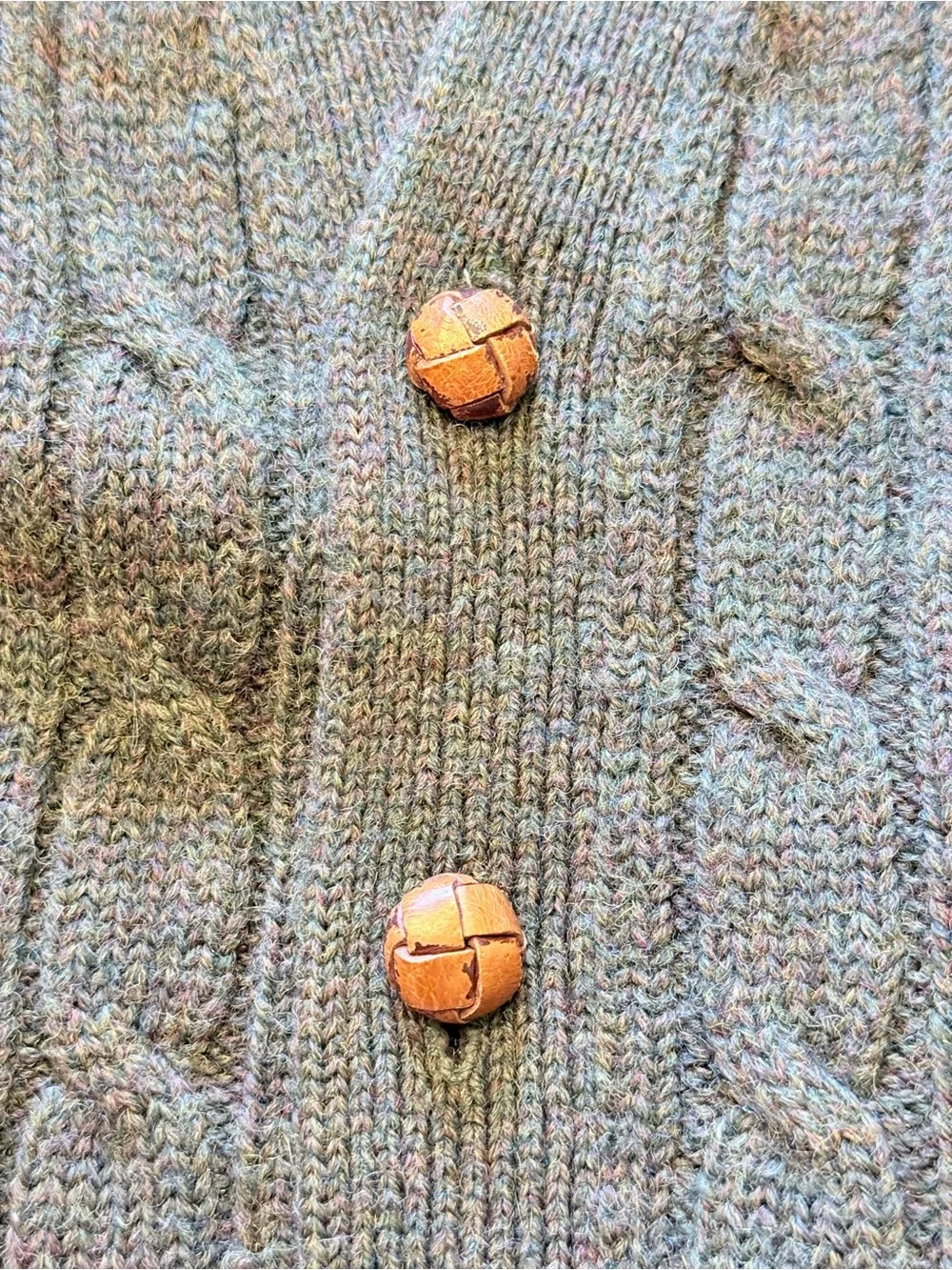 Vintage Nordstrom Grey Green Cable knit Vest Cardigan Leather buttons Men Med /F